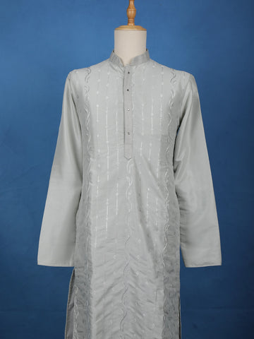 Light Grey Thread Embroidered Kurta Set , With Pant - Diadem