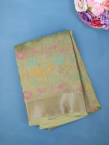 Light Olive Green Floral Design Woven Tissue Silk Saree - Diadem