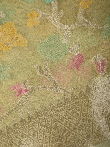 Light Olive Green Floral Design Woven Tissue Silk Saree - Diadem