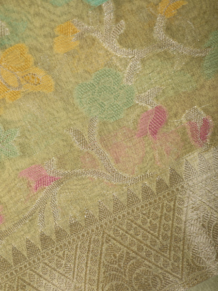 Light Olive Green Floral Design Woven Tissue Silk Saree - Diadem