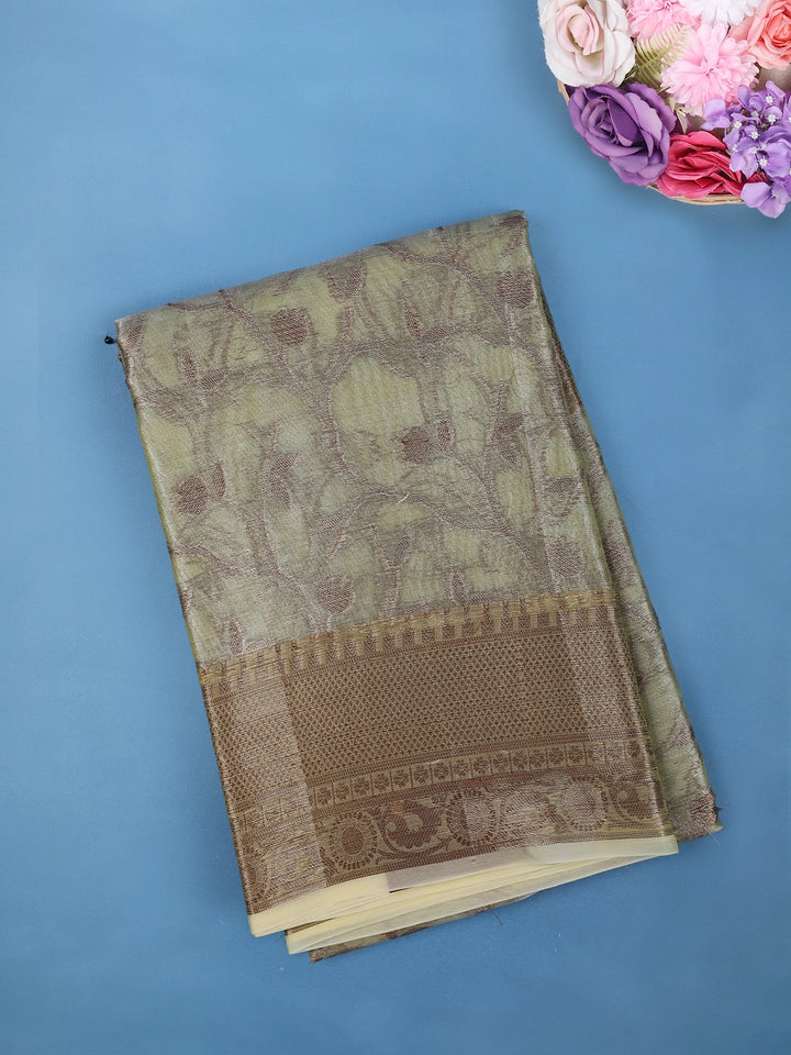 Light Olive Green Floral Design Woven Tissue Silk Saree - Diadem