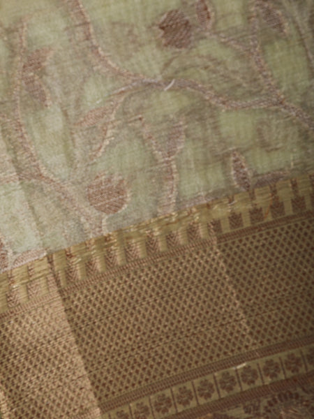 Light Olive Green Floral Design Woven Tissue Silk Saree - Diadem