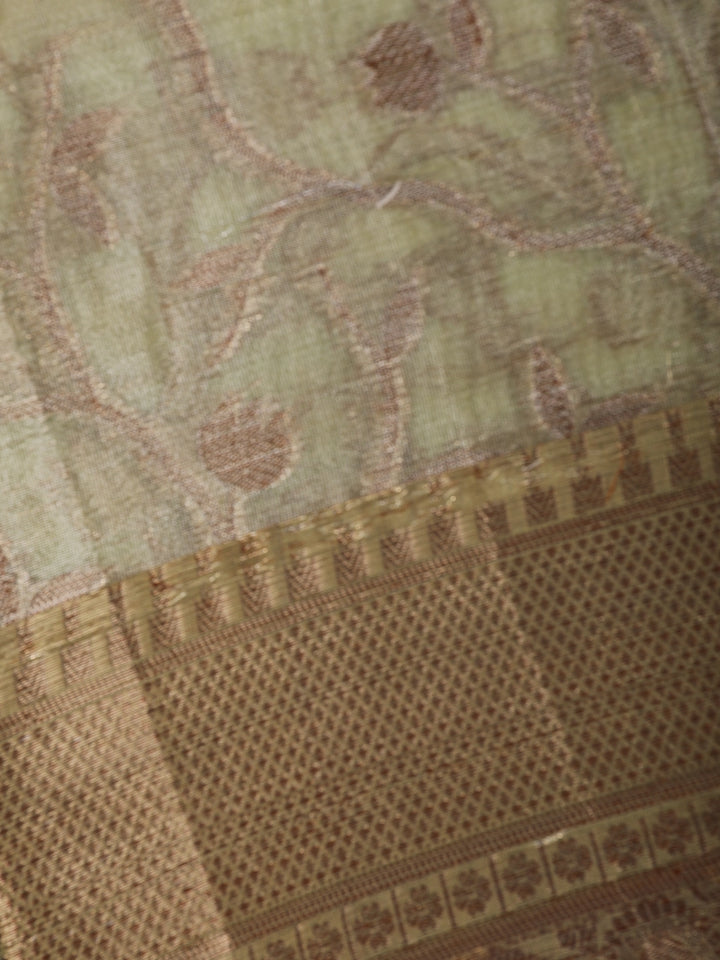 Light Olive Green Floral Design Woven Tissue Silk Saree - Diadem