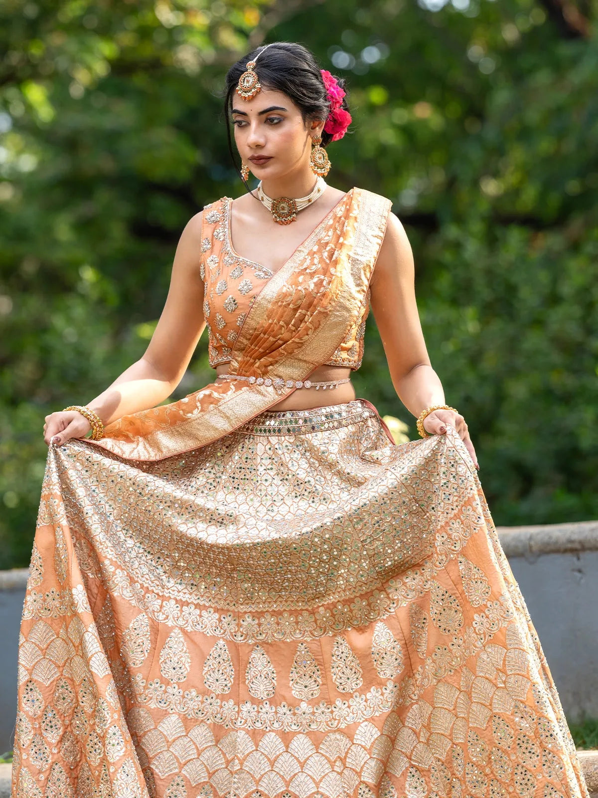 Light Orange Banarasi Silk Mirror Work Bridesmaids Lehenga