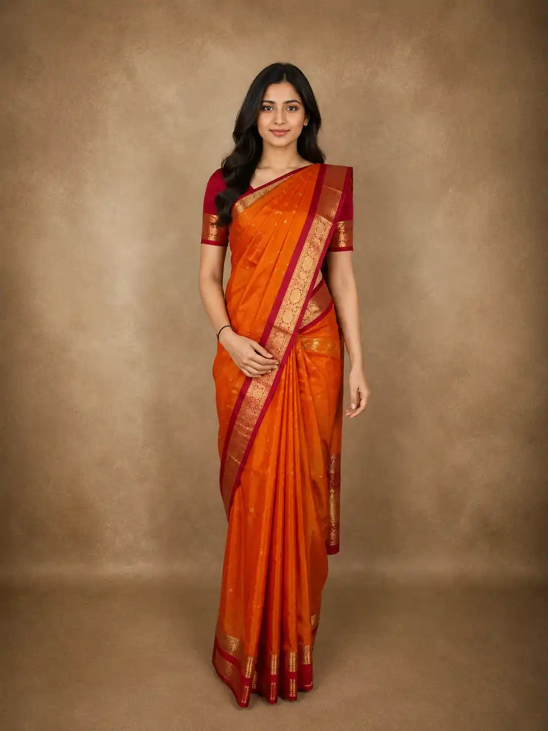 Light Orange Butta Zari Woven Design Pure Kanchipuram Silk Saree with Contrast Zari Border