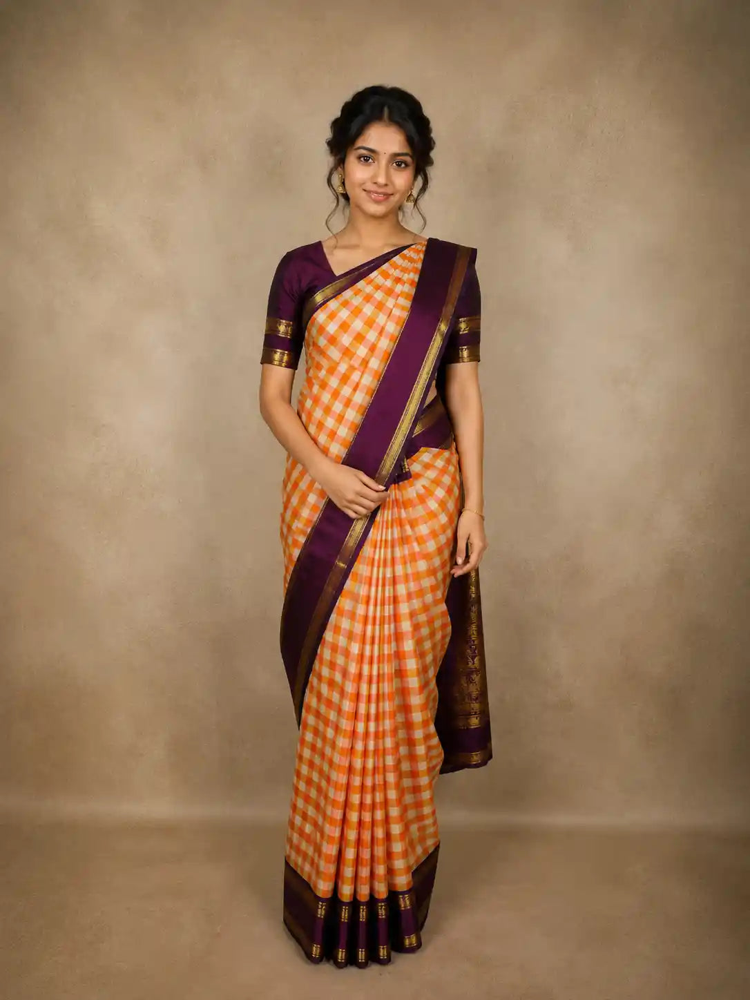 Light Orange Checked Woven Design Pure Kanchipuram Silk Saree with Contrast Zari Border