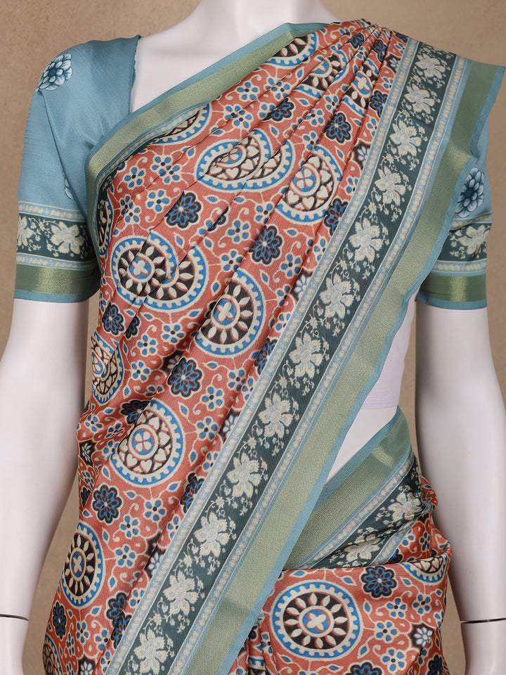 Light Orange Floral Designed Semi Silk Saree - Diadem