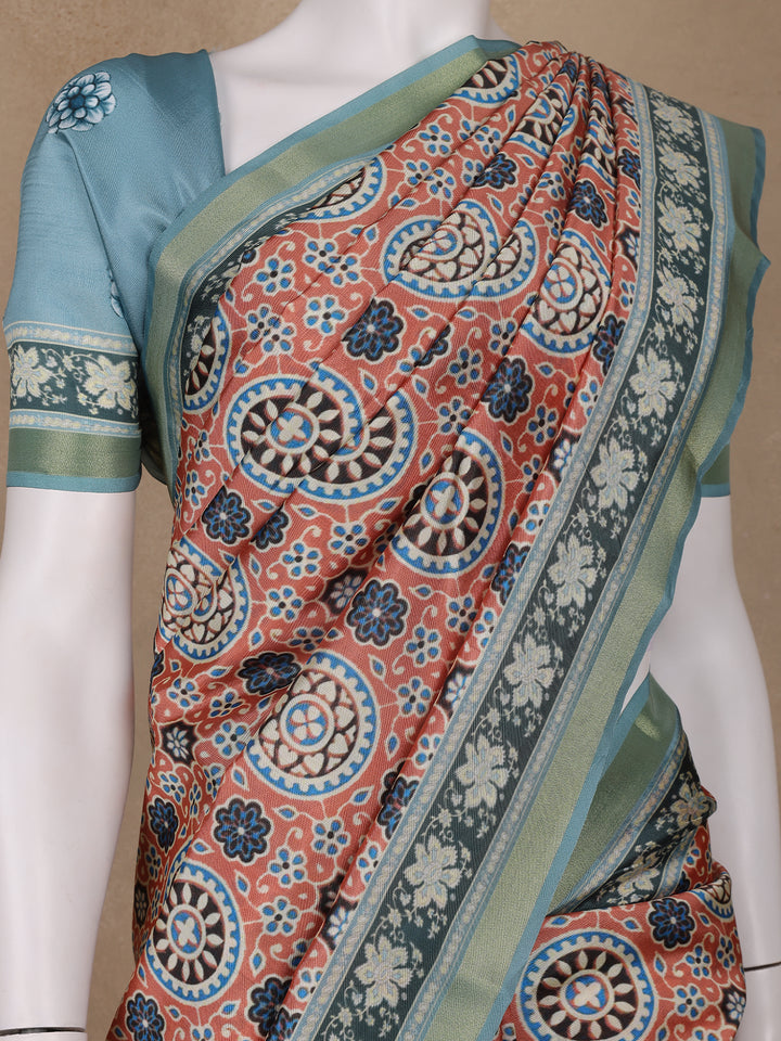 Light Orange Floral Designed Semi Silk Saree - Diadem