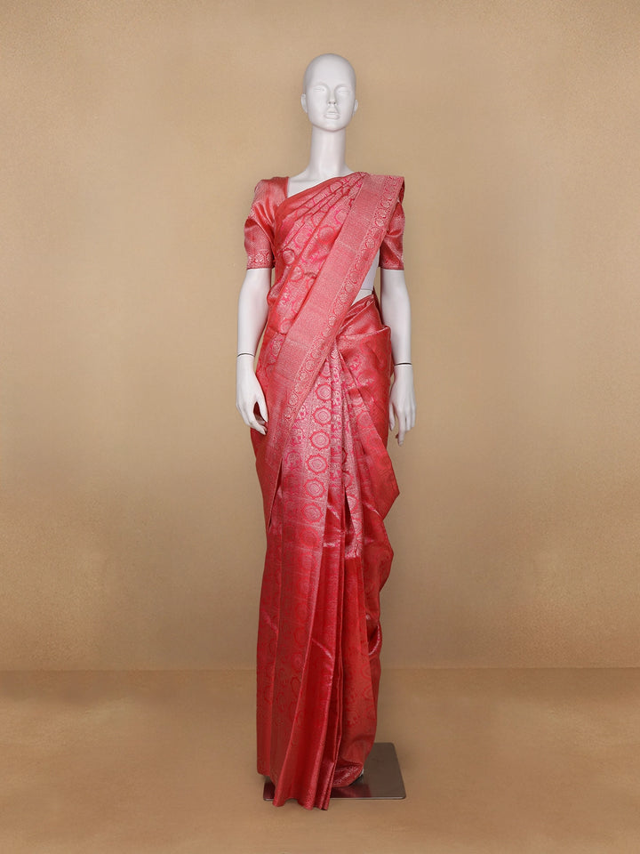 Light Orange Floral Woven Pure Kanchipuram Silk Saree - Diadem