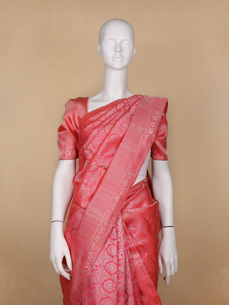 Light Orange Floral Woven Pure Kanchipuram Silk Saree - Diadem