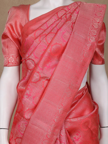 Light Orange Floral Woven Pure Kanchipuram Silk Saree - Diadem