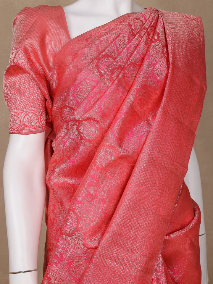 Light Orange Floral Woven Pure Kanchipuram Silk Saree - Diadem