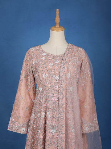 Light Peach Floral Designed Net Salwar Suit - Diadem