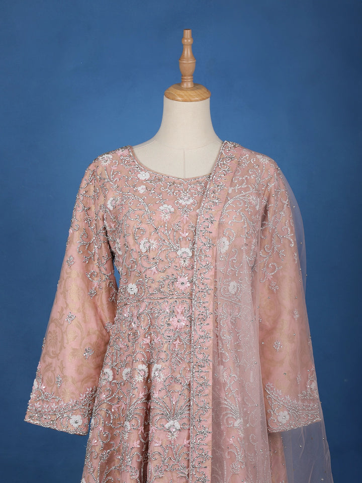 Light Peach Floral Designed Net Salwar Suit - Diadem