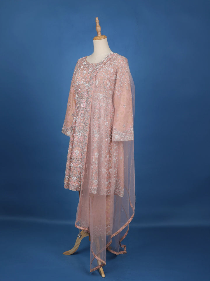 Light Peach Floral Designed Net Salwar Suit - Diadem