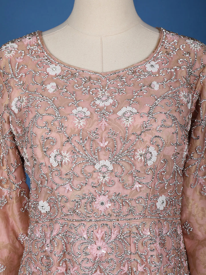 Light Peach Floral Designed Net Salwar Suit - Diadem