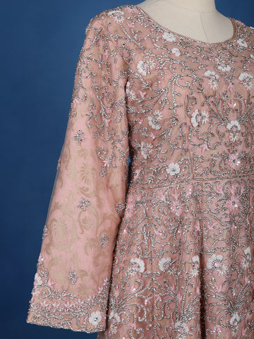 Light Peach Floral Designed Net Salwar Suit - Diadem