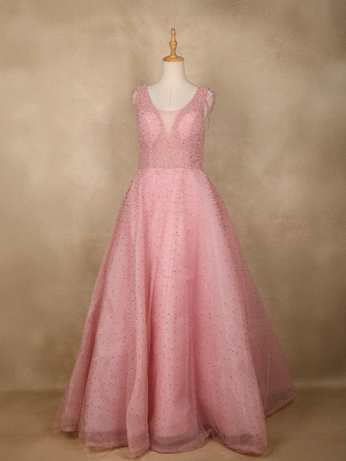 Light Peach Net Beads And Pearls Worked Party Wear Gown