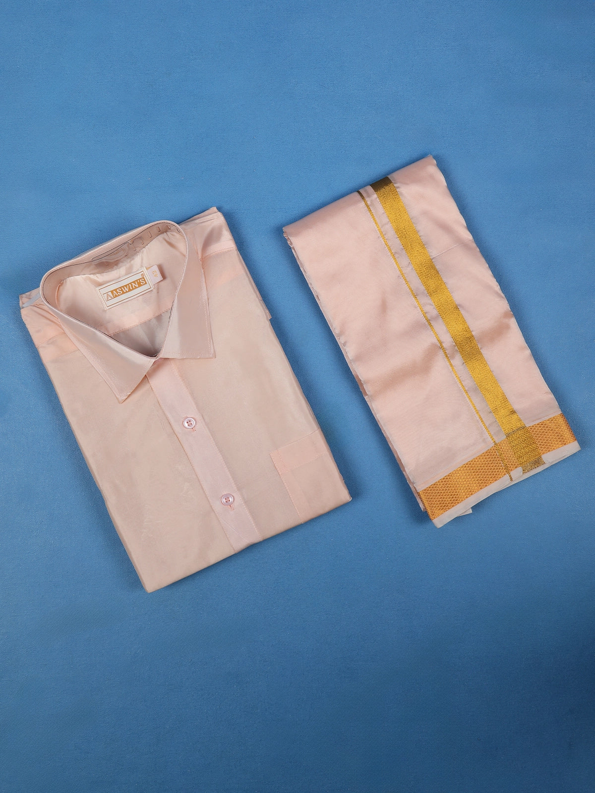 Light Peach Plain Semi Silk Full-Sleeve Shirt with Matching Dhoti Set