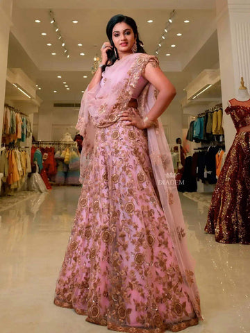 Light Pink Bridal Lehenga with Floral Zari Embroidery - Diadem