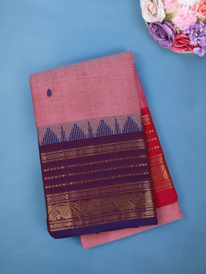 Light Pink Cotton Saree with Zari Woven Border - Diadem