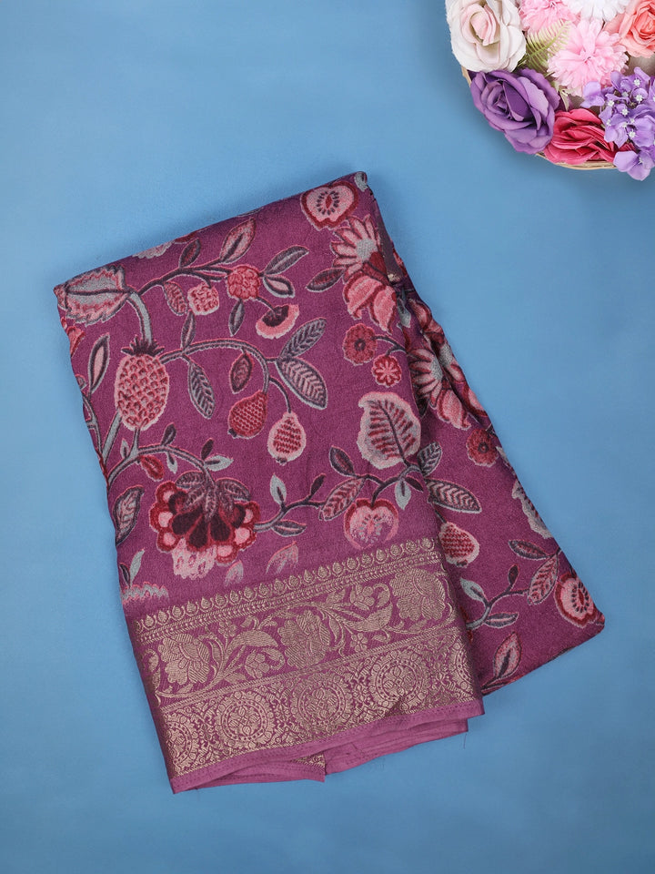 Light Pink Floral Design Printed Cotton Saree - Diadem