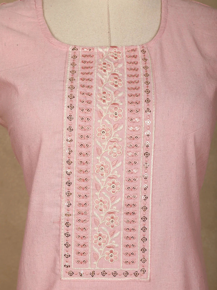 Light Pink Floral Designed Cotton Kurti - Diadem