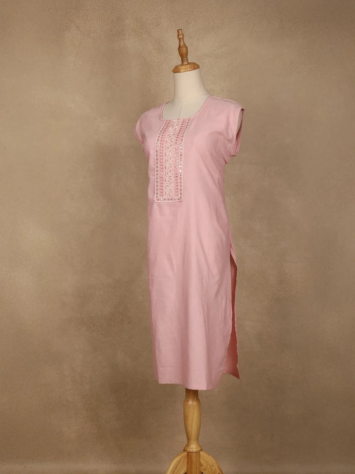 Light Pink Floral Designed Cotton Kurti - Diadem