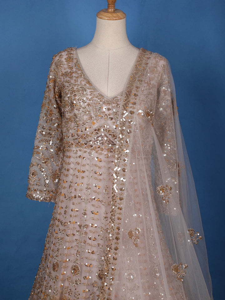 Light Pink Floral Embroidery Net Bridal Gown - Diadem