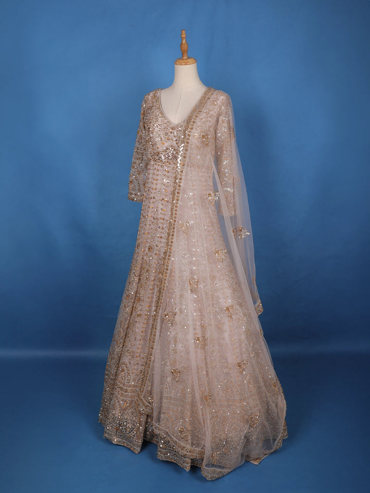Light Pink Floral Embroidery Net Bridal Gown - Diadem