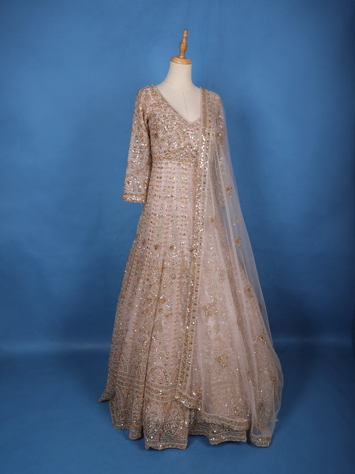 Light Pink Floral Embroidery Net Bridal Gown - Diadem