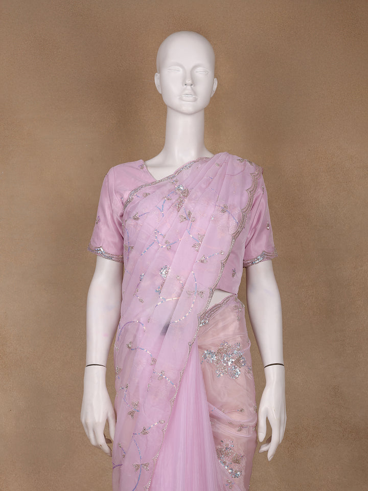 Light Pink Floral Motif Sequin Designed Organza Designer Saree - Diadem