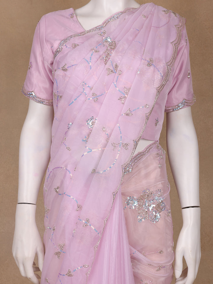 Light Pink Floral Motif Sequin Designed Organza Designer Saree - Diadem