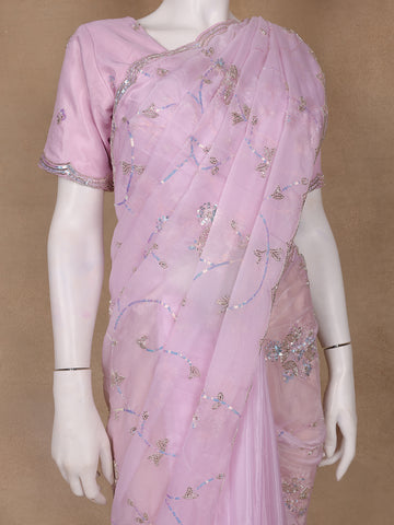 Light Pink Floral Motif Sequin Designed Organza Designer Saree - Diadem