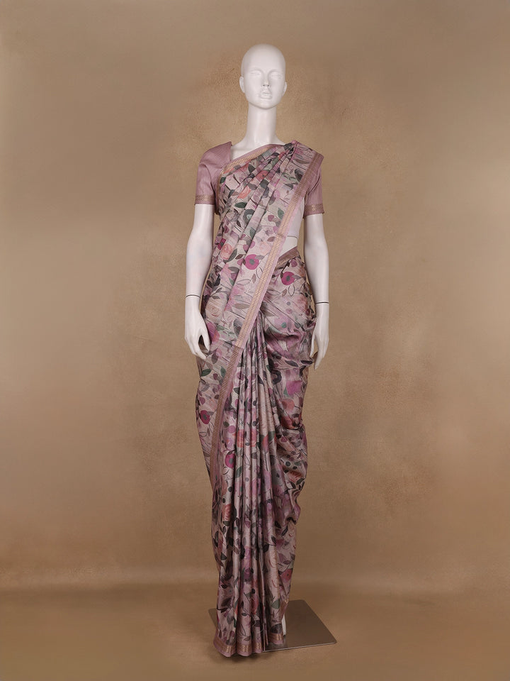 Light Pink Floral Printed Tussar Silk Saree - Diadem