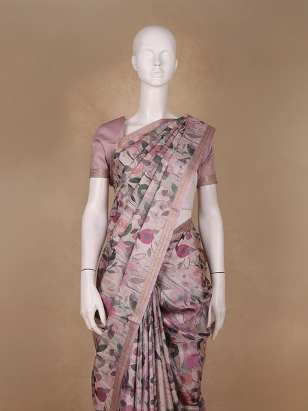 Light Pink Floral Printed Tussar Silk Saree - Diadem