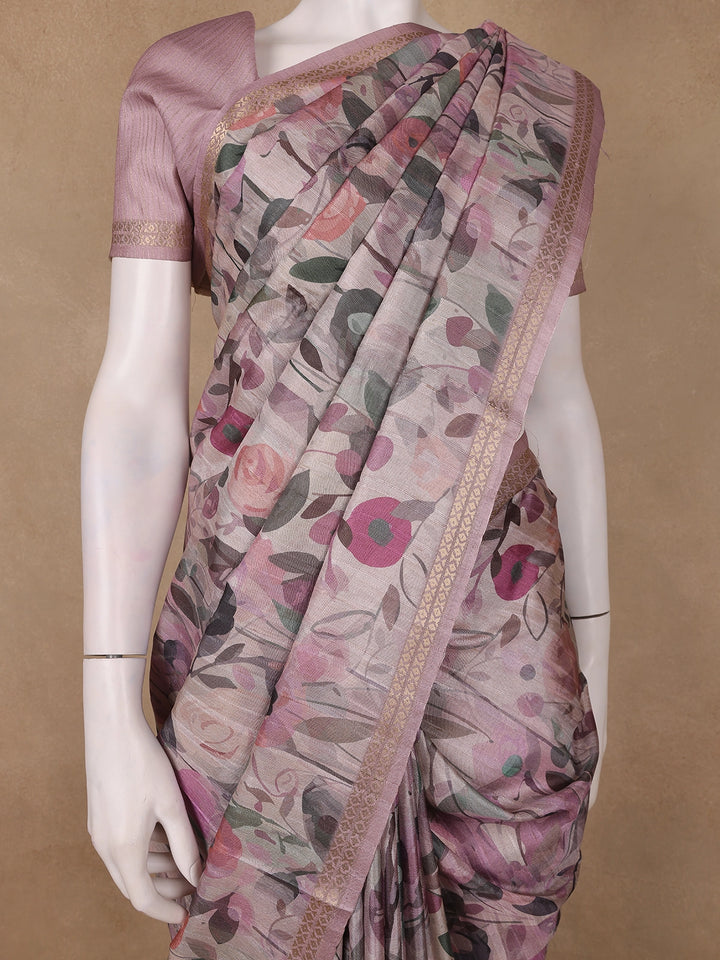 Light Pink Floral Printed Tussar Silk Saree - Diadem