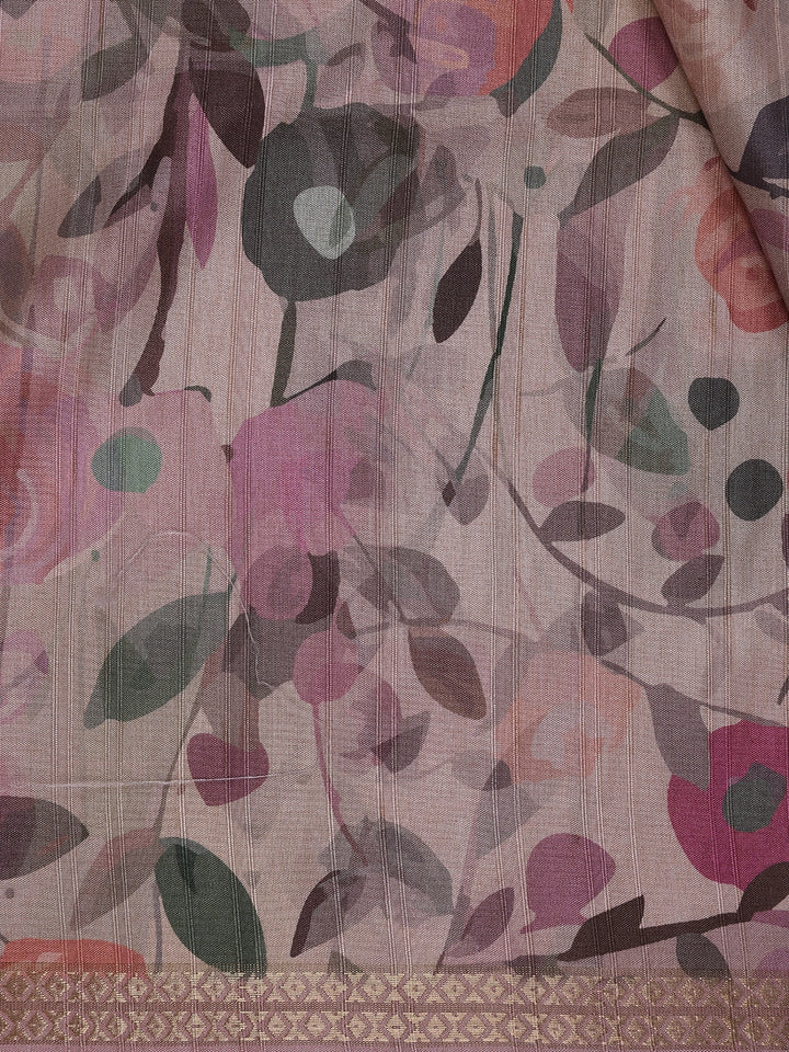 Light Pink Floral Printed Tussar Silk Saree - Diadem