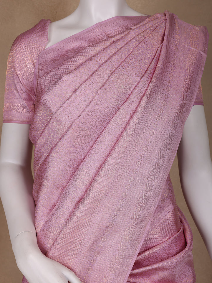 Light Pink Floral Woven Pure Kanchipuram Silk Saree - Diadem
