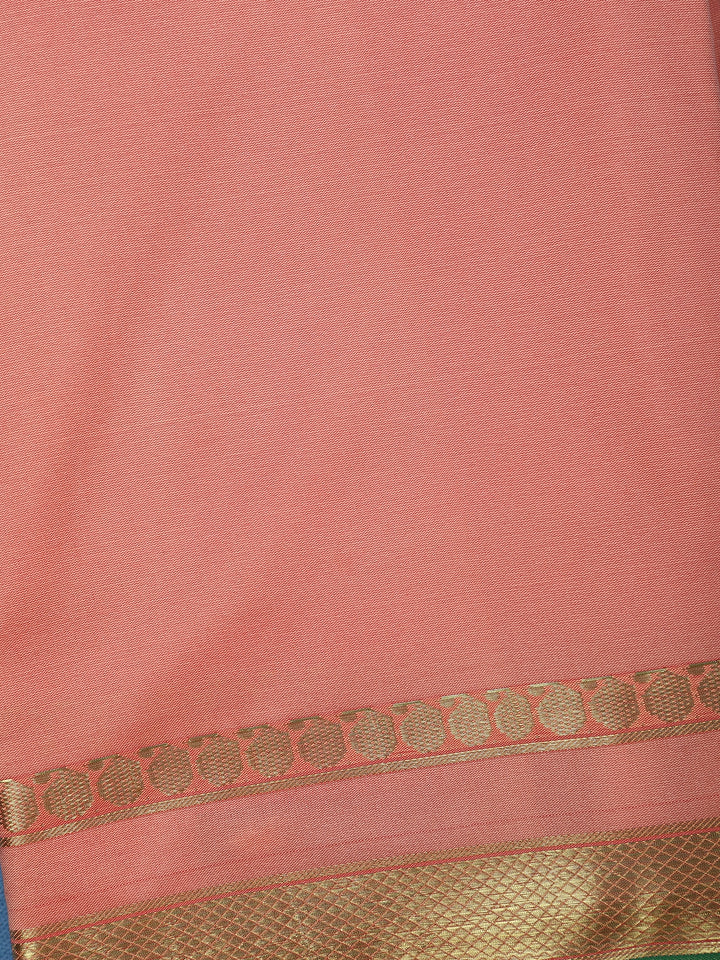 Light Pink with a Gold Zari Border and Green Selvedge Edge Soft Silk Saree - Diadem