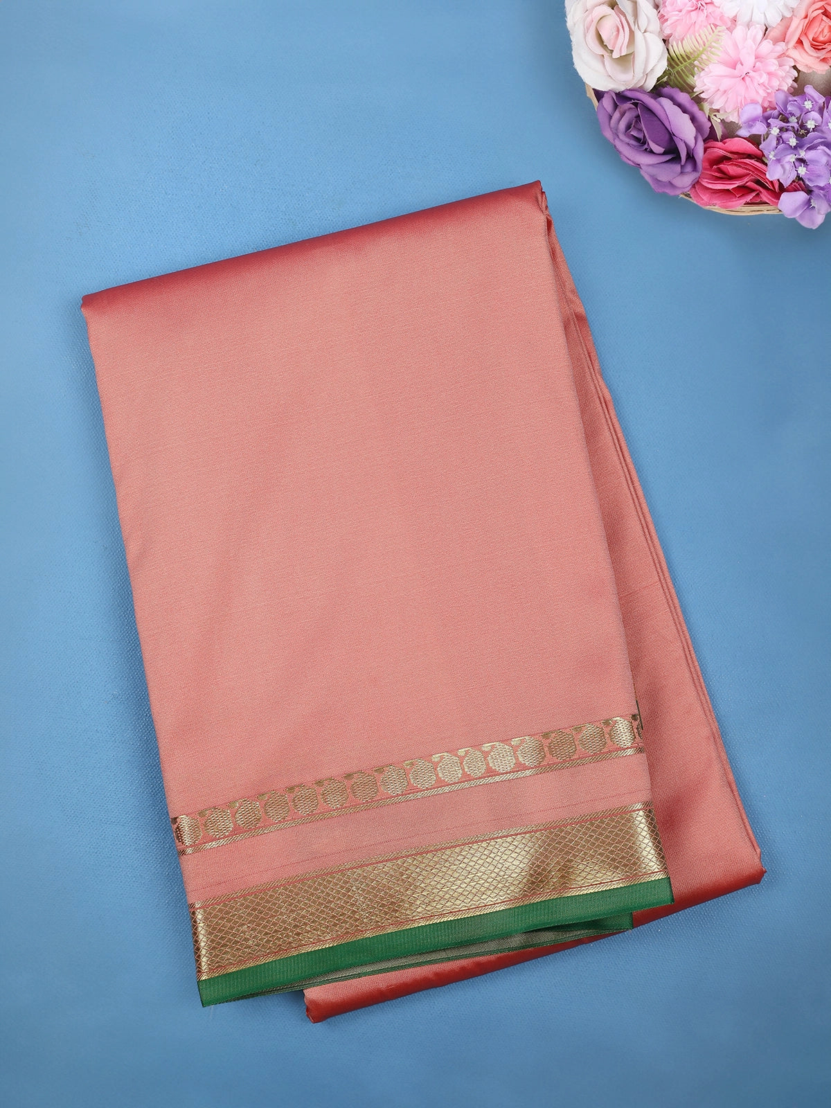 Light Pink with a Gold Zari Border and Green Selvedge Edge Soft Silk Saree - Diadem