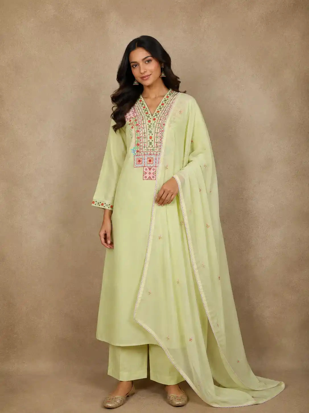 Light Pistachio Green Floral Embroidered Cotton Salwar Suit with Dupatta