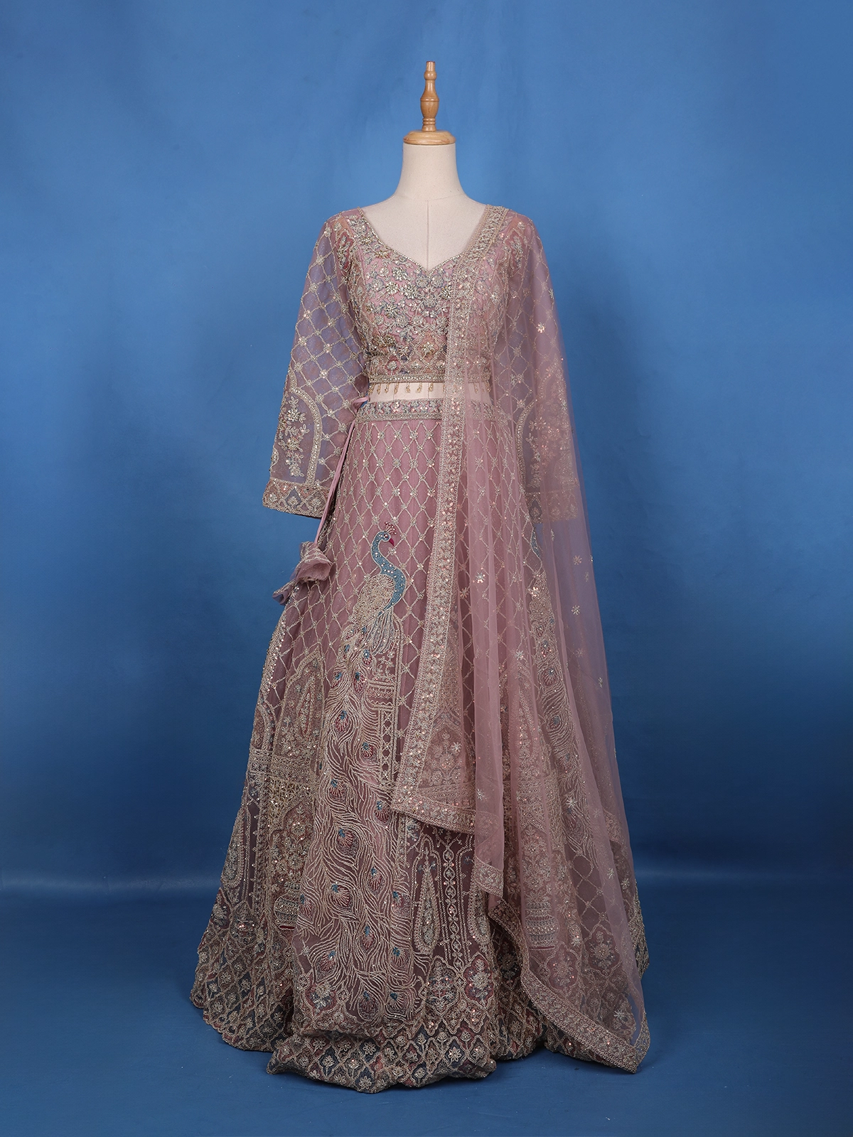 Light Purple Beaded Floral Motiff Embroidery Bridal Net Lehenga
