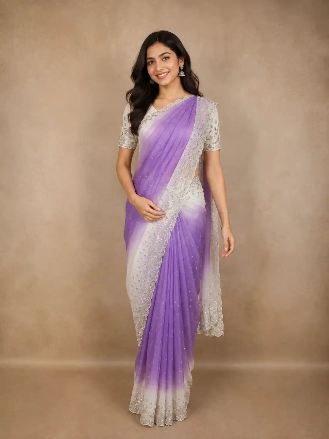 Light Purple Floral Beads Embroidered Design Satin Party Wear Saree