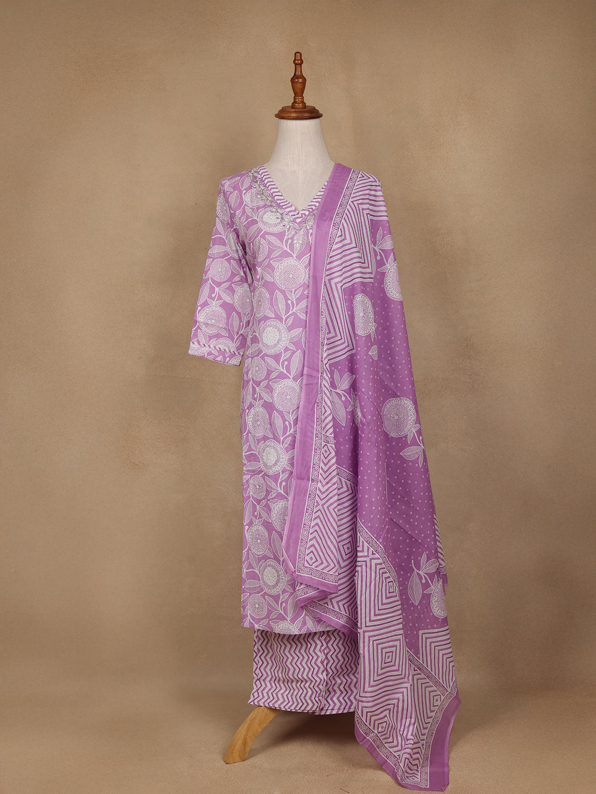 Light Purple Floral Design Printed Cotton Salwar Suit - Diadem