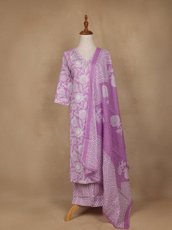 Light Purple Floral Design Printed Cotton Salwar Suit - Diadem