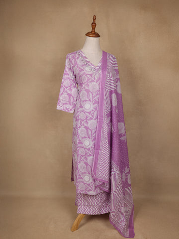 Light Purple Floral Design Printed Cotton Salwar Suit - Diadem