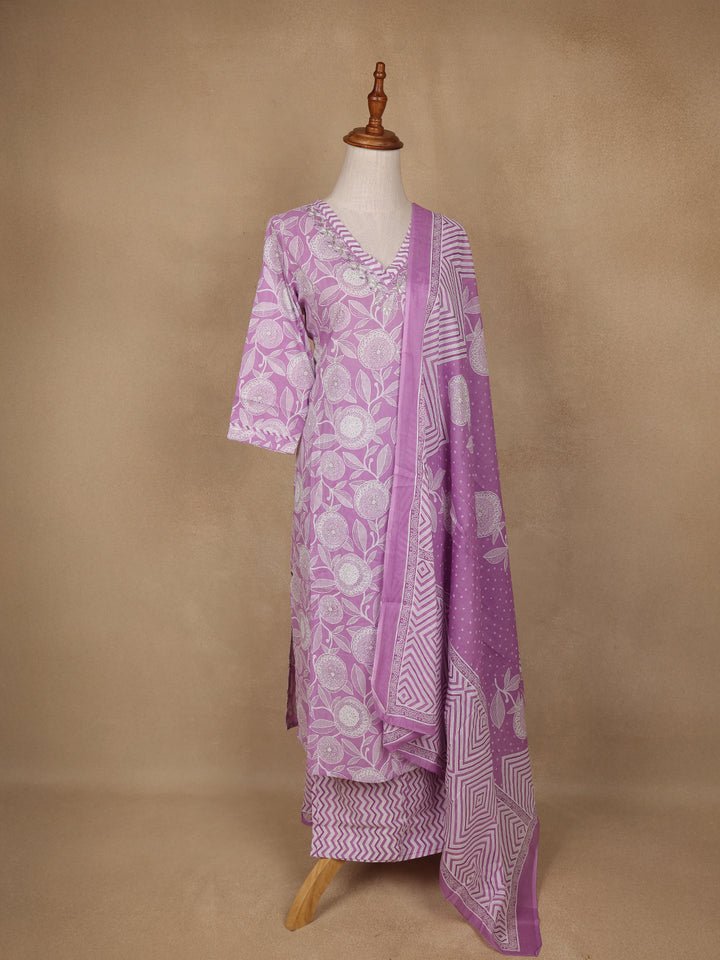 Light Purple Floral Design Printed Cotton Salwar Suit - Diadem