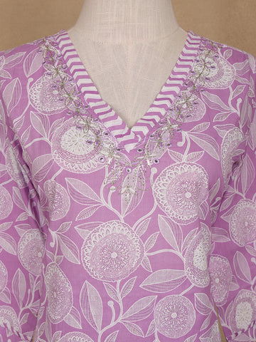 Light Purple Floral Design Printed Cotton Salwar Suit - Diadem
