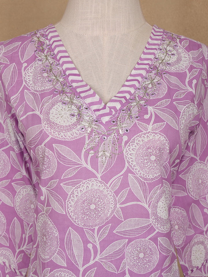 Light Purple Floral Design Printed Cotton Salwar Suit - Diadem